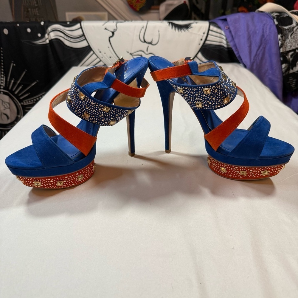 Alba Blue and Orange Studded Platform Heels - Picture 4 of 12